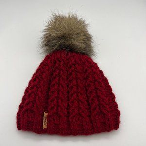 Women's Hooked Brand Burgundy Knit Winter Hat Brown Pom Pom